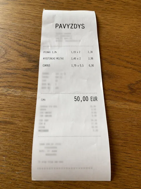 Pavyzdinis kvitas su 50 eurų suma